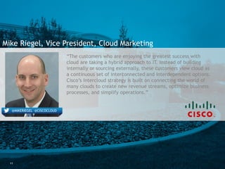 11
Mike Riegel, Vice President, Cloud Marketing
@MIKERIEGEL @CISCOCLOUD
“The customers who are enjoying the greatest succe...