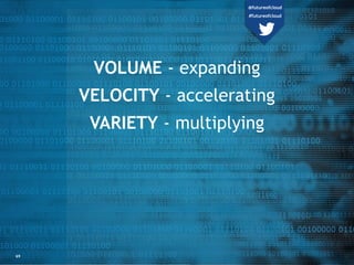 69
VOLUME - expanding
VELOCITY - accelerating
VARIETY - multiplying
@futureofcloud
#futureofcloud
 