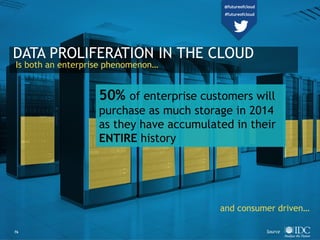 76
DATA PROLIFERATION IN THE CLOUD
Is both an enterprise phenomenon…
and consumer driven…
50% of enterprise customers will...