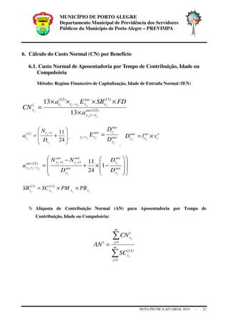 MUNICÍPIO DE PORTO ALEGRE
Departamento Municipal de Previdência dos Servidores
Públicos do Município de Porto Alegre – PREVIMPA
NOTA TÉCNICAATUARIAL 2014 - 21
6. Cálculo do Custo Normal (CN) por Benefício
6.1. Custo Normal de Aposentadoria por Tempo de Contribuição, Idade ou
Compulsória
Método: Regime Financeiro de Capitalização, Idade de Entrada Normal (IEN)
)12(
:
)13()12(
1
13
13
aac
yry
x
aac
yyrr
x
jj
jjjjj
j
a
FDSBEa
CN
−
−
×
××××
=








+=
+
24
111)12(
j
j
j
r
r
r
D
N
a , aac
y
aac
raac
yyr
j
j
jjj
D
D
E =−
,
x
c
aa
x
aac
y vlD jj
×=
















−×+
−
=
++
− aac
y
aac
r
aac
y
aac
r
aac
yaac
yry
j
j
j
jj
jjj
D
D
D
NN
a 1
24
1111)12(
:
jjjj xxxx PBPMSCSB ××= )13()13(
Alíquota de Contribuição Normal (AN) para Aposentadoria por Tempo de
Contribuição, Idade ou Compulsória:
∑
∑
=
=
= m
j
x
m
j
x
j
j
SC
CN
AN
1
)13(
1
1
1
 