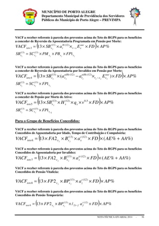 MUNICÍPIO DE PORTO ALEGRE
Departamento Municipal de Previdência dos Servidores
Públicos do Município de Porto Alegre – PREVIMPA
NOTA TÉCNICAATUARIAL 2014 - 36
VACF a receber referente à parcela dos proventos acima do Teto do RGPS para os benefícios
a conceder de Reversão da Aposentadoria Programada em Pensão por Morte:
( ) %13 )12()13(
3 APFDEaSBVACF aac
xxr
H
rxteto j
×××××= −
jjjjj xxxxx FPPBPMSCSB 1)13()13(
×××=
VACF a receber referente à parcela dos proventos acima do Teto do RGPS para os benefícios
a conceder de Reversão da Aposentadoria por Invalidez em Pensão por Morte:
( ) %)(13 )12()12()13(
4 APFDEaaSBVACF aac
xxr
aiHc
r
aiHc
xxteto jjjjjj
×××−××= −
jjj xxx FPSCSB 1)13()13(
×=
VACF a receber referente à parcela dos proventos acima do Teto do RGPS para os benefícios
a conceder de Pensão por Morte de Ativo:
( ) %13 5,0)12()13(
5 APFDvqHSBVACF xxxteto j
××××××=
1
)13()13(
1 jjj xxx FPSCSB ×=
Para o Grupo de Benefícios Concedidos:
VACF a receber referente à parcela dos proventos acima do Teto do RGPS para os benefícios
Concedidos de Aposentadoria por Idade, Tempo de Contribuição e Compulsória:
( ) %)%(213 )12()13(
6 AAAEFDaBFAVACF c
xxxteto jj
+×××××=
VACF a receber referente à parcela dos proventos acima do Teto do RGPS para os benefícios
Concedidos de Aposentadoria por Invalidez:
( ) %)%(213 )12()13(
7 AAAEFDaBFAVACF ic
xxxteto jj
+×××××=
VACF a receber referente à parcela dos proventos acima do Teto do RGPS para os benefícios
Concedidos de Pensão Vitalícia:
( ) %213 )12()13(
8 APFDaBPFPVACF c
zxxteto jj
×××××=
VACF a receber referente à parcela dos proventos acima do Teto do RGPS para os benefícios
Concedidos de Pensão Temporária:
( ) %/213 )12(
21
)13(
9 APFDaBPFPVACF c
ffxxteto jj
×××××= −
 