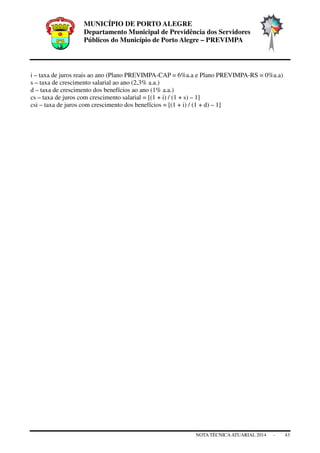 MUNICÍPIO DE PORTO ALEGRE
Departamento Municipal de Previdência dos Servidores
Públicos do Município de Porto Alegre – PREVIMPA
NOTA TÉCNICAATUARIAL 2014 - 43
i – taxa de juros reais ao ano (Plano PREVIMPA-CAP = 6%a.a e Plano PREVIMPA-RS = 0%a.a)
s – taxa de crescimento salarial ao ano (2,3% a.a.)
d – taxa de crescimento dos benefícios ao ano (1% a.a.)
cs – taxa de juros com crescimento salarial = [(1 + i) / (1 + s) – 1]
csi – taxa de juros com crescimento dos benefícios = [(1 + i) / (1 + d) – 1]
 