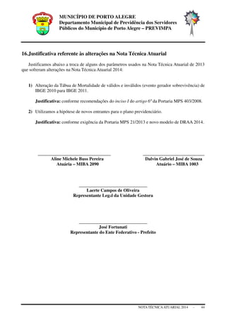 MUNICÍPIO DE PORTO ALEGRE
Departamento Municipal de Previdência dos Servidores
Públicos do Município de Porto Alegre – PREVIMPA
NOTA TÉCNICAATUARIAL 2014 - 44
16.Justificativa referente às alterações na Nota Técnica Atuarial
Justificamos abaixo a troca de alguns dos parâmetros usados na Nota Técnica Atuarial de 2013
que sofreram alterações na Nota Técnica Atuarial 2014:
1) Alteração da Tábua de Mortalidade de válidos e inválidos (evento gerador sobrevivência) de
IBGE 2010 para IBGE 2011.
Justificativa: conforme recomendações do inciso I do artigo 6º da Portaria MPS 403/2008.
2) Utilizamos a hipótese de novos entrantes para o plano previdenciário.
Justificativa: conforme exigência da Portaria MPS 21/2013 e novo modelo de DRAA 2014.
________________________________ ___________________________
Aline Michele Buss Pereira Dalvin Gabriel José de Souza
Atuária – MIBA 2090 Atuário – MIBA 1003
______________________________
Laerte Campos de Oliveira
Representante Legal da Unidade Gestora
______________________________
José Fortunati
Representante do Ente Federativo - Prefeito
 