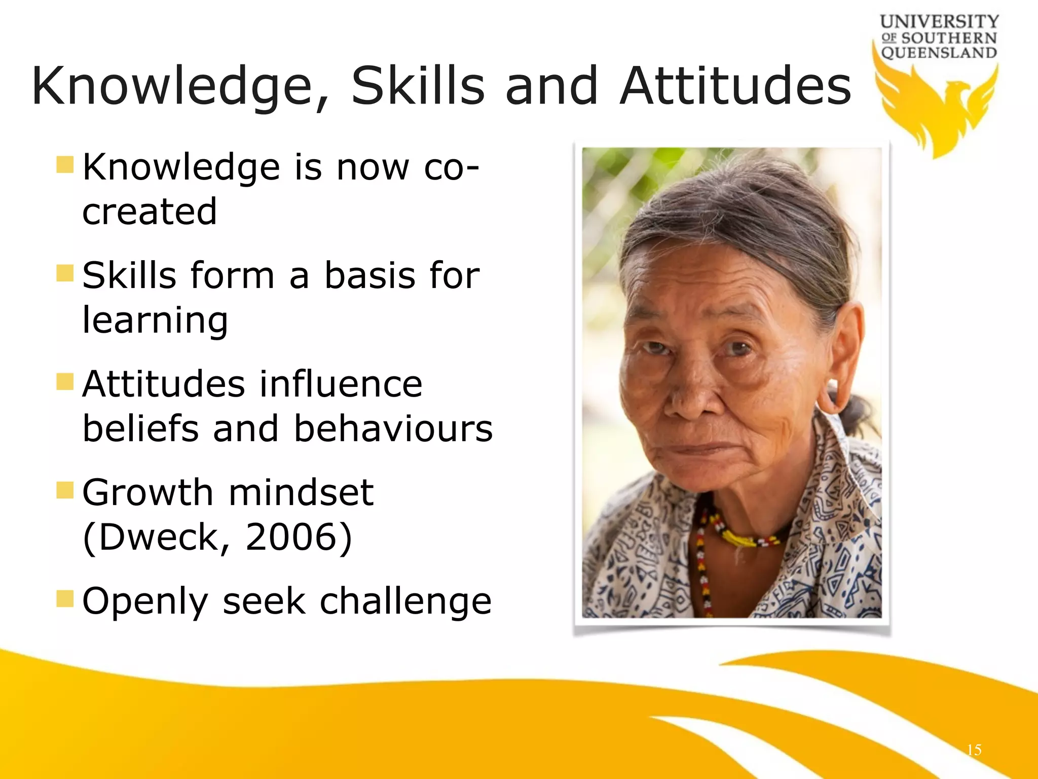 Knowledge, Skills and Attitudes 
nKnowledge is now co-created 
nSkills form a basis for 
learning 
nAttitudes influence 
beliefs and behaviours 
nGrowth mindset 
(Dweck, 2006) 
nOpenly seek challenge 
15 
 