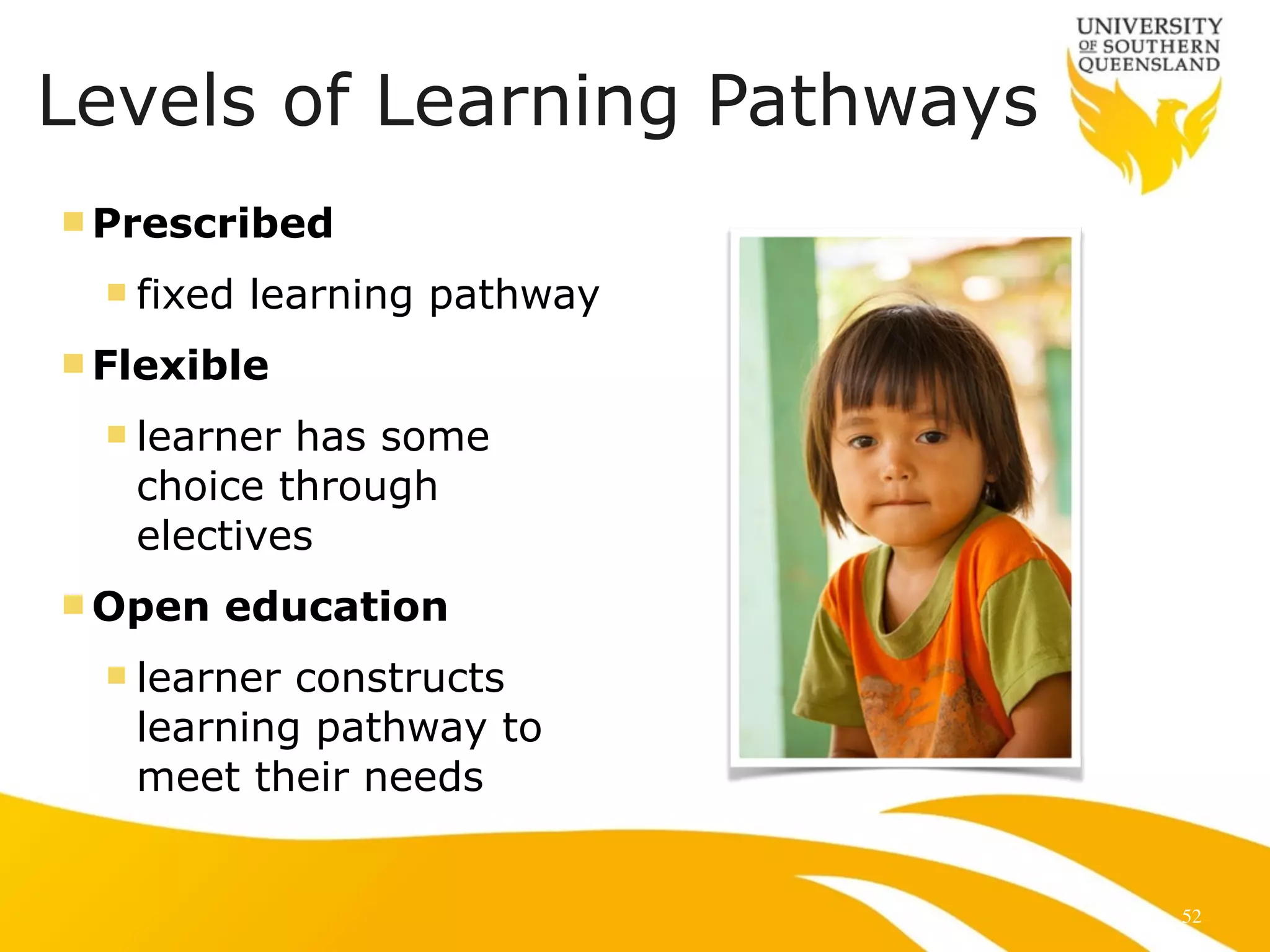 Levels of Learning Pathways 
nPrescribed 
n fixed learning pathway 
n Flexible 
n learner has some 
choice through 
electives 
nOpen education 
n learner constructs 
learning pathway to 
meet their needs 
52 
 
