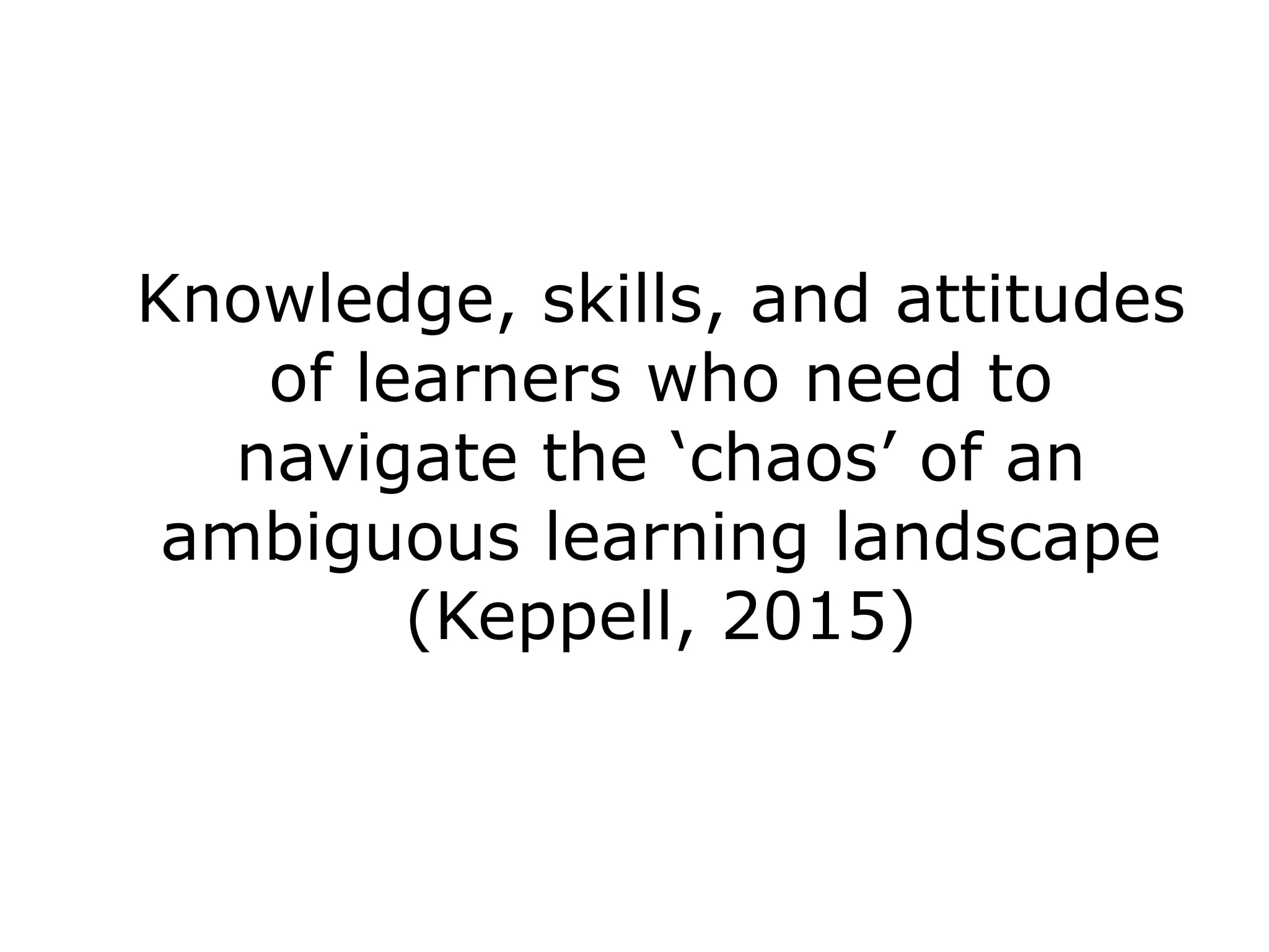 Knowledge, skills, and attitudes 
of learners who need to 
navigate the ‘chaos’ of an 
ambiguous learning landscape 
(Keppell, 2015) 
 