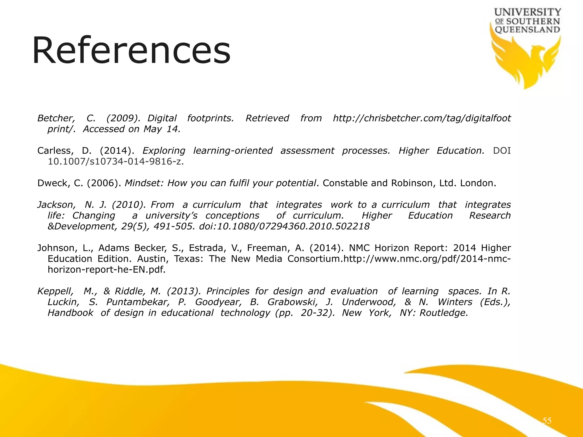 References 
Betcher, C. (2009). Digital footprints. Retrieved from http://chrisbetcher.com/tag/digitalfoot 
print/. Accessed on May 14. 
! 
Carless, D. (2014). Exploring learning-oriented assessment processes. Higher Education. DOI 
10.1007/s10734-014-9816-z. 
! 
Dweck, C. (2006). Mindset: How you can fulfil your potential. Constable and Robinson, Ltd. London. 
! 
Jackson, N. J. (2010). From a curriculum that integrates work to a curriculum that integrates 
life: Changing a university’s conceptions of curriculum. Higher Education Research 
&Development, 29(5), 491-505. doi:10.1080/07294360.2010.502218 
! 
Johnson, L., Adams Becker, S., Estrada, V., Freeman, A. (2014). NMC Horizon Report: 2014 Higher 
Education Edition. Austin, Texas: The New Media Consortium.http://www.nmc.org/pdf/2014-nmc-horizon- 
report-he-EN.pdf. 
! 
Keppell, M., & Riddle, M. (2013). Principles for design and evaluation of learning spaces. In R. 
Luckin, S. Puntambekar, P. Goodyear, B. Grabowski, J. Underwood, & N. Winters (Eds.), 
Handbook of design in educational technology (pp. 20-32). New York, NY: Routledge. 
!!!!! 
55 
 