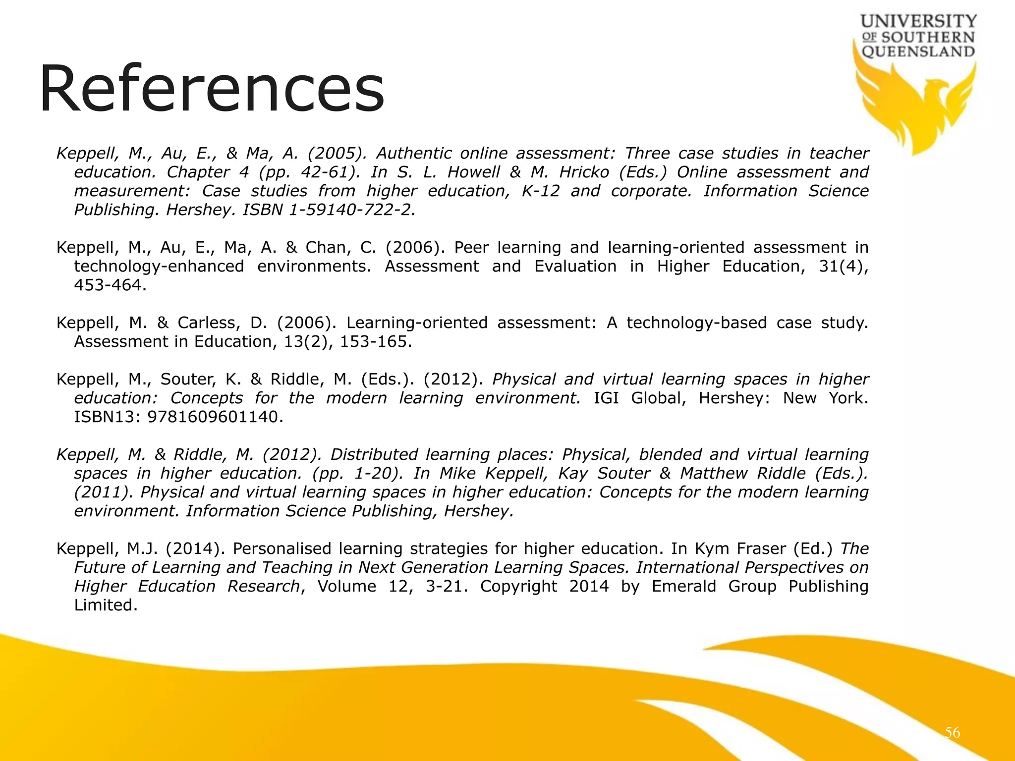References 
Keppell, M., Au, E., & Ma, A. (2005). Authentic online assessment: Three case studies in teacher 
education. Chapter 4 (pp. 42-61). In S. L. Howell & M. Hricko (Eds.) Online assessment and 
measurement: Case studies from higher education, K-12 and corporate. Information Science 
Publishing. Hershey. ISBN 1-59140-722-2. 
! 
Keppell, M., Au, E., Ma, A. & Chan, C. (2006). Peer learning and learning-oriented assessment in 
technology-enhanced environments. Assessment and Evaluation in Higher Education, 31(4), 
453-464. 
! 
Keppell, M. & Carless, D. (2006). Learning-oriented assessment: A technology-based case study. 
Assessment in Education, 13(2), 153-165. 
! 
Keppell, M., Souter, K. & Riddle, M. (Eds.). (2012). Physical and virtual learning spaces in higher 
education: Concepts for the modern learning environment. IGI Global, Hershey: New York. 
ISBN13: 9781609601140. 
! 
Keppell, M. & Riddle, M. (2012). Distributed learning places: Physical, blended and virtual learning 
spaces in higher education. (pp. 1-20). In Mike Keppell, Kay Souter & Matthew Riddle (Eds.). 
(2011). Physical and virtual learning spaces in higher education: Concepts for the modern learning 
environment. Information Science Publishing, Hershey. 
! 
Keppell, M.J. (2014). Personalised learning strategies for higher education. In Kym Fraser (Ed.) The 
Future of Learning and Teaching in Next Generation Learning Spaces. International Perspectives on 
Higher Education Research, Volume 12, 3-21. Copyright 2014 by Emerald Group Publishing 
Limited. 
!!!! 
56 
 