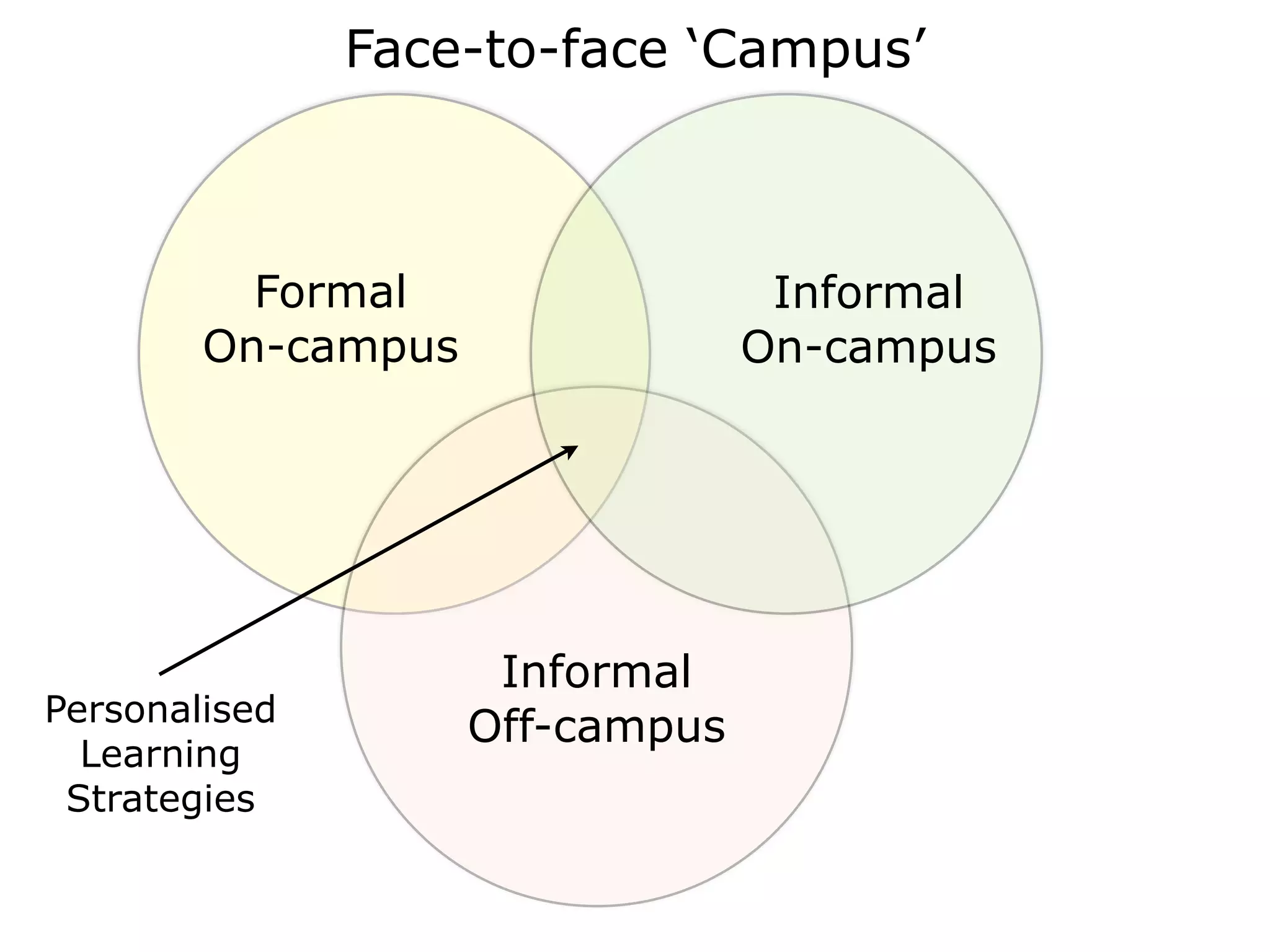 Face-to-face ‘Campus’ 
Formal 
On-campus 
Informal 
On-campus 
Informal 
Personalised Off-campus 
Learning 
Strategies 
 