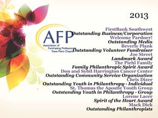 2013 
FirstBank Southwest 
Outstanding Business/Corporation 
Welcome Pardner! 
Outstanding Media 
Beverly Plank 
Outstanding Volunteer Fundraiser 
Joe Street 
Landmark Award 
The Piehl Family 
Family Philanthropic Spirit Award 
Don and Sybil Harrington Cancer Center 
Outstanding Community Service Organization 
Chris Dizer 
Outstanding Youth in Philanthropy - Individual 
St. Thomas the Apostle Youth Group 
Outstanding Youth in Philanthropy - Group 
Lorene Lacer 
Spirit of the Heart Award 
Mack Dick 
Outstanding Philanthropists 
 