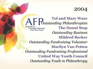 2004 
Tol and Mary Ware 
Outstanding Philanthropists 
The Donut Stop 
Outstanding Business 
Mildred Becker 
Outstanding Fundraising Volunteer 
Marilyn Van Petten 
Outstanding Fundraising Professional 
United Way Youth Council 
Outstanding Youth in Philanthropy 
 