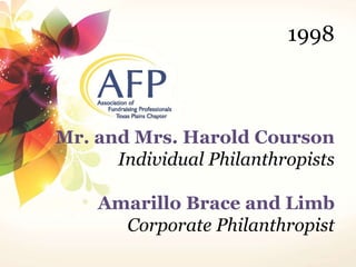 1998 
Mr. and Mrs. Harold Courson 
Individual Philanthropists 
Amarillo Brace and Limb 
Corporate Philanthropist 
 