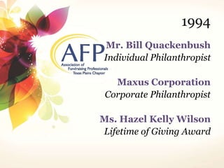 1994 
Mr. Bill Quackenbush 
Individual Philanthropist 
Maxus Corporation 
Corporate Philanthropist 
Ms. Hazel Kelly Wilson 
Lifetime of Giving Award 
 