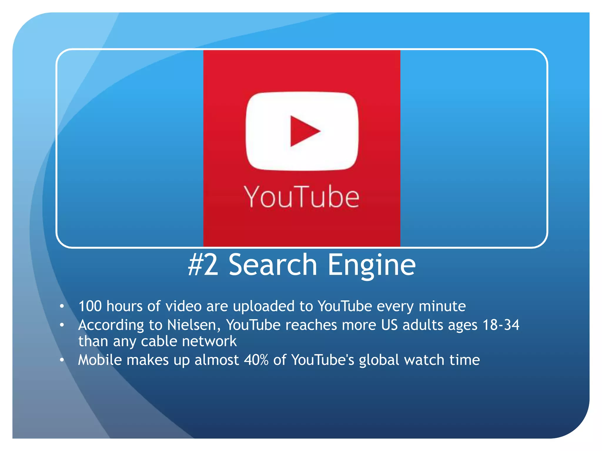 #2 Search Engine
• 100 hours of video are uploaded to YouTube every minute
• According to Nielsen, YouTube reaches more US adults ages 18-34
than any cable network
• Mobile makes up almost 40% of YouTube's global watch time
 
