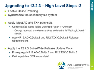 Upgrading to 12.2.3 – High Level Steps -2
■ Enable Online Patching
■ Synchronize the secondary file system
■ Apply latest AD and TXK patchsets
▪ Consolidated Seed Table Upgrade Patch 17204589
— Outage required, shutdown services and start only WebLogic Admin
server.
▪ Apply R12.AD.C.Delta.3 and R12.TXK.C.Delta.3 Release
Update Packs
■ Apply the 12.2.3 Suite-Wide Release Update Pack
▪ Prereq: Apply R12.AD.C.Delta.3 and R12.TXK.C.Delta.3
▪ Online patch – EBS accessible!
 