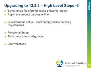 Upgrading to 12.2.3 – High Level Steps -3
■ Synchronize file systems (adop phase=fs_clone)
■ Apply any product patches online
■ Customization setup – must comply online patching
requirements
■ Functional Setup
■ Third party tools configuration
■ User validation
 