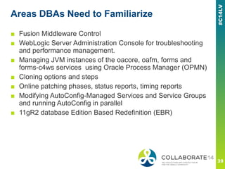 Areas DBAs Need to Familiarize
■ Fusion Middleware Control
■ WebLogic Server Administration Console for troubleshooting
and performance management.
■ Managing JVM instances of the oacore, oafm, forms and
forms-c4ws services using Oracle Process Manager (OPMN)
■ Cloning options and steps
■ Online patching phases, status reports, timing reports
■ Modifying AutoConfig-Managed Services and Service Groups
and running AutoConfig in parallel
■ 11gR2 database Edition Based Redefinition (EBR)
 