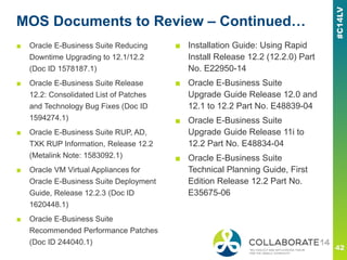 MOS Documents to Review – Continued…
■ Oracle E-Business Suite Reducing
Downtime Upgrading to 12.1/12.2
(Doc ID 1578187.1)
■ Oracle E-Business Suite Release
12.2: Consolidated List of Patches
and Technology Bug Fixes (Doc ID
1594274.1)
■ Oracle E-Business Suite RUP, AD,
TXK RUP Information, Release 12.2
(Metalink Note: 1583092.1)
■ Oracle VM Virtual Appliances for
Oracle E-Business Suite Deployment
Guide, Release 12.2.3 (Doc ID
1620448.1)
■ Oracle E-Business Suite
Recommended Performance Patches
(Doc ID 244040.1)
■ Installation Guide: Using Rapid
Install Release 12.2 (12.2.0) Part
No. E22950-14
■ Oracle E-Business Suite
Upgrade Guide Release 12.0 and
12.1 to 12.2 Part No. E48839-04
■ Oracle E-Business Suite
Upgrade Guide Release 11i to
12.2 Part No. E48834-04
■ Oracle E-Business Suite
Technical Planning Guide, First
Edition Release 12.2 Part No.
E35675-06
 