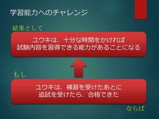 学習能力へのチャレンジ 
ユウキは、十分な時間をかければ 
試験内容を習得できる能力があることになる 
ユウキは、補習を受けたあとに 
追試を受けたら、合格できた 
もし 
ならば 
結果として 
 