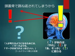 頭蓋骨で跳ね返されてしまうから 
「人が考えるようになるためには、 
！マークよりも、 
？マークのほうがよっぽどいい。」 
ゴールドラット博士の言葉 
（ ）があれば、 
「やれ」（ ）が 
「あ、そっか」（ ） 
に変わる 
 