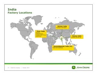 India 
Factory Locations 
| 
Deere & Company | October 2014 
Gummidipoondi, India (JV) 
• Side-Shift Backhoes 
Pune, India 
• Engines 
• Transmissions 
• Tractors (36-75 hp) 
• Electronics 
Sirhind, India 
• Combine Harvesters 
Dewas, India 
• Tractors (36-50 hp) 
27 
 