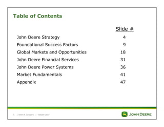 Table of Contents 
| 
Slide # 
John Deere Strategy 4 
Foundational Success Factors 9 
Global Markets and Opportunities 18 
John Deere Financial Services 31 
John Deere Power Systems 36 
Market Fundamentals 41 
Appendix 47 
3 Deere & Company | October 2014 
 