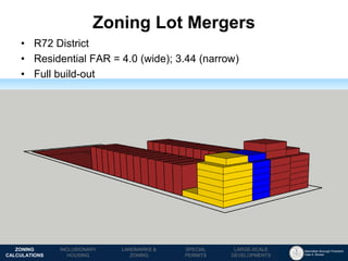 Manhattan Borough President 
Gale A. Brewer 
MECHANICS OF 
ZONING 
PUBLIC REVIEW 
PROCESS 
TOOLS & 
RESOURCES 
•R72 District 
•Residential FAR = 4.0 (wide); 3.44 (narrow) 
•Full build-out 
Zoning Lot Mergers 
LANDMARKS & 
ZONING 
INCLUSIONARY 
HOUSING 
ZONING CALCULATIONS 
SPECIAL 
PERMITS 
LARGE-SCALE 
DEVELOPMENTS  