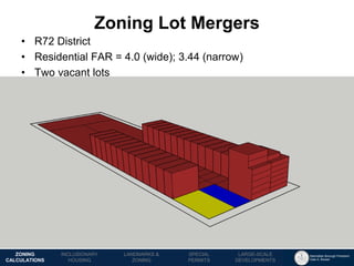 Manhattan Borough President 
Gale A. Brewer 
MECHANICS OF 
ZONING 
PUBLIC REVIEW 
PROCESS 
TOOLS & 
RESOURCES 
•R72 District 
•Residential FAR = 4.0 (wide); 3.44 (narrow) 
•Two vacant lots 
Zoning Lot Mergers 
LANDMARKS & 
ZONING 
INCLUSIONARY 
HOUSING 
ZONING CALCULATIONS 
SPECIAL 
PERMITS 
LARGE-SCALE 
DEVELOPMENTS  
