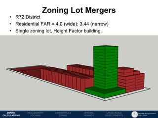 Manhattan Borough President 
Gale A. Brewer 
MECHANICS OF 
ZONING 
PUBLIC REVIEW 
PROCESS 
TOOLS & 
RESOURCES 
•R72 District 
•Residential FAR = 4.0 (wide); 3.44 (narrow) 
•Single zoning lot, Height Factor building. 
Zoning Lot Mergers 
LANDMARKS & 
ZONING 
INCLUSIONARY 
HOUSING 
ZONING CALCULATIONS 
SPECIAL 
PERMITS 
LARGE-SCALE 
DEVELOPMENTS  