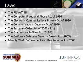 © 2014 Property of JurInnov Ltd. All Rights Reserved 
Laws 
• The Ribicoff Bill 
• The Computer Fraud and Abuse Act of 198...