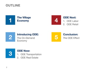 OUTLINE
1
3
4
The Village
Economy
ODE Now:
1.  ODE Transportation
2.  ODE Real Estate
ODE Next:
1.  ODE Labor
2.  ODE Reta...