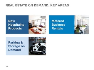 REAL ESTATE ON DEMAND: KEY AREAS
64

New
Hospitality
Products
Parking &
Storage on
Demand
Metered
Business
Rentals
 