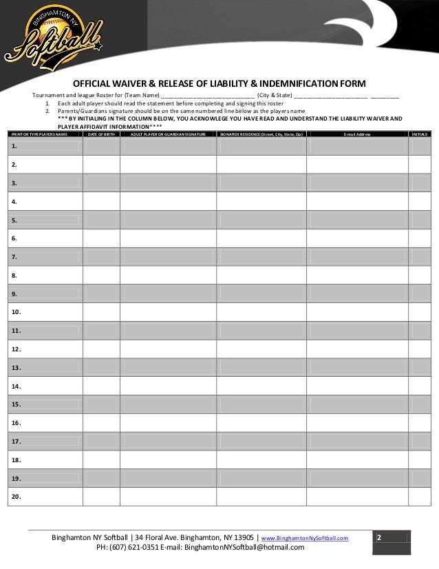 2014 official roster waiver release softball roster form