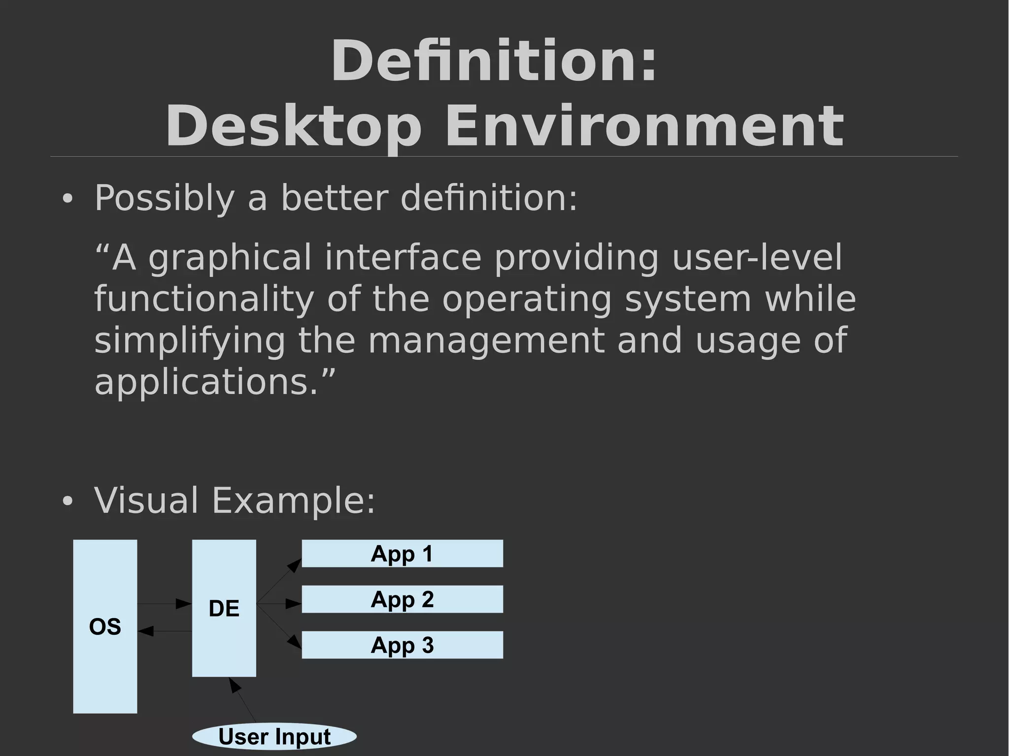 Definition: 
Desktop Environment 
● Possibly a better definition: 
“A graphical interface providing user-level 
functionality of the operating system while 
simplifying the management and usage of 
applications.” 
● Visual Example: 
OS 
DE 
App 1 
App 2 
App 3 
User Input 
 