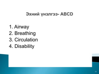 1. Airway
2. Breathing
3. Circulation
4. Disability
12
 