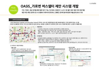 10
OASIS_가로변 버스쉘터 제안 시스템 개발
기간, 키워드, 등급 검색을 통한 쉘터 찾기 기능, 인근정보, 유동인구, 노선 수 등 쉘터 정보 제공 프로그램 개발
제안-부킹-확정 청약이 한 시스템에서 이루어져 편리하고, 캠페인 관리에 용이해 향후 매출 증대 효과 기대
오아시스(OASIS) 소개
• OOH Advertising Sugestion and Information System의 약자로, OOH 광고 제안에 필요한 상품 정보를 제공하고, 부킹-청약까지 돕는 시스템.
가로변 버스쉘터를 시작으로 기타 OOH 매체 위치 값과 검색 값, 정보를 시스템에 추가 등록하여, 향후 OOH 전 매체 복합 제안 시스템으로 개발할 예정
[제공정보]
•기간검색, 키워드검색, 인근정보 검색 등 빠르고 간편한 검색기능
•쉘터 잔여면수를 4가지 색상으로 구분, 지도상에서 한눈에 확인 가능
(빨강 – 판매 완료 / 파랑 - 부킹 가능 / 초록 - 일부 지면 가능 / 회색 – 검색 결과 이외 쉘터)
•쉘터 인근정보, 승하차객 수, 노선 수, 쉘터 정면/후면/양측면 사진 제공
[기대효과]
•검색값에 부합하는 쉘터들을 지도 화면에서 즉시 검색하여 사용 가능한 인벤토리를 신속, 정확하게 제시
•캠페인 등록 시 자동으로 제안서가 생성되고, 엑셀로 실시간 출력 가능.
제안 -> 부킹 -> 청약이 non-stop으로 진행되어 캠페인 관리 용이
•쉘터별 인근정보 특징, 승하차객 수 등 상세 정보를 제공하여 매체 설득력을 높이고, 효과 분석 토대 마련
>> 오아시스 사용 프로세스
•쉘터 검색
기간검색, 자치구, 쉘터명 등의 기본 검색,
영화관, 백화점 등 인근정보 활용한 상세 검색 활용
•쉘터 담기
검색한 쉘터의 상세정보(조명, 가능광고면, 주요건물 등)
확인 후, 원하는 쉘터를 장바구니에 담기
•부킹 및 청약
캠페인명, 금액, 쉘터면수 등 정보 등록 후 저장,
제안서 출력, 확정 등록
MediaNas
Media
 