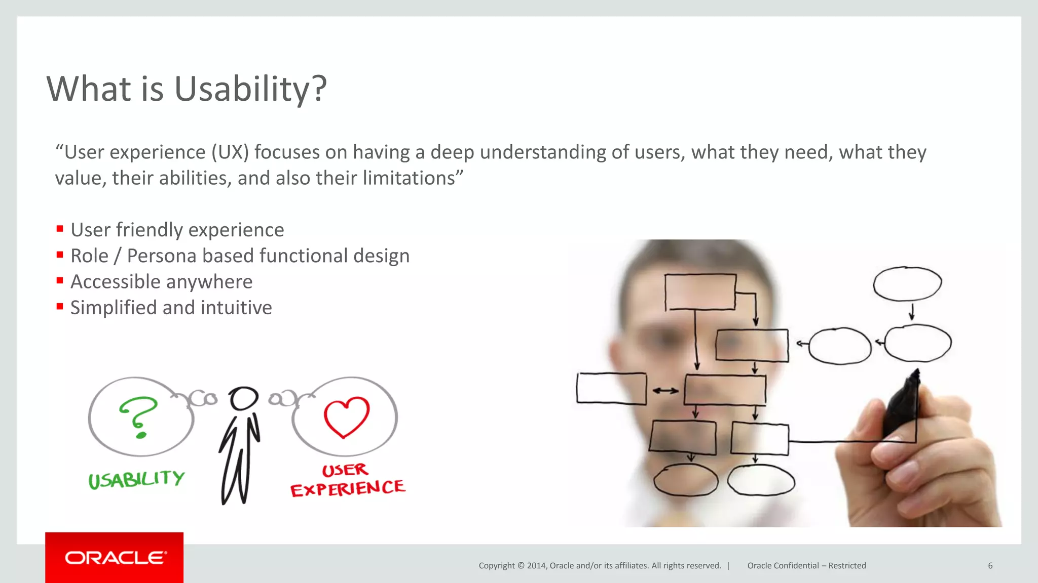 Copyright © 2014, Oracle and/or its affiliates. All rights reserved. |
What is Usability?
6Oracle Confidential – Restricted
“User experience (UX) focuses on having a deep understanding of users, what they need, what they
value, their abilities, and also their limitations”
 User friendly experience
 Role / Persona based functional design
 Accessible anywhere
 Simplified and intuitive
 