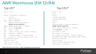 AWR Warehouse (EM 12cR4) 
Top 
I/O* 
select * from 
( 
SELECT /*+LEADING(x h) USE_NL(h)*/ 
16 
h.sql_id 
, SUM(10) ash_secs 
FROM DBA_HIST_SNAPSHOT x 
, DBA_HIST_ACTIVE_SESS_HISTORY h 
, DBSNMP.CAW_DBID_MAPPING m 
WHERE LOWER(m.target_name) = '&dbname' 
AND x.dbid = m.new_dbid 
AND h.dbid = x.dbid 
AND x.begin_interval_time > sysdate -&days_bk 
AND h.SNAP_id = X.SNAP_id 
AND h.instance_number = x.instance_number 
AND h.event in ('db file sequential read','db 
file scattered read') 
GROUP BY h.sql_id 
ORDER BY ash_secs desc) 
where rownum <= &num_rows; 
Top 
CPU* 
select * from ( 
select 
SQL_ID, 
sum(CPU_TIME_DELTA), 
sum(DISK_READS_DELTA), 
count(*) 
from 
DBA_HIST_SQLSTAT a, DBA_HIST_SNAPSHOT s, 
DBSNMP.CAW_DBID_MAPPING m 
where lower(m.target_name) = '&dbname' 
and m.new_dbid = a.dbid 
and a.dbid = s.dbid 
and s.snap_id = a.snap_id 
and s.begin_interval_time > sysdate -&days_bk 
and EXTRACT(HOUR FROM S.END_INTERVAL_TIME) between 
&begin_hr and &end_hr 
group by SQL_ID 
order by sum(CPU_TIME_DELTA) desc) 
where rownum <= &num_rows; 
*AWR 
Warehouse 
Scripts 
: 
http://dbakevlar.com/scripts/ 
 
