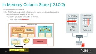 In-Memory Column Store (12.1.0.2) 
• Componente 
estatico 
del 
SGA 
• SGA_TARGET 
debe 
ser 
grande 
lo 
suficientemente 
grande 
para 
dar 
cabida 
a 
esta 
área 
• El 
tamaño 
mínimo 
debe 
ser 
de 
100 
MB 
• Tu 
decides 
qué 
objetos 
son 
subidas 
en 
memoria 
• Alter 
table 
RENE 
INMEMORY 
26 
Memory Memory 
SALES SALES 
Row 
Column 
System Global Area (SGA) 
Shared Pool 
Library Cache 
Shared SQL Area 
SELECT * FROM employees 
Private SQL Area 
(Shared Server Only) 
Data Dictionary 
Cache 
Server 
Result 
Cache 
Other Reserved Pool 
Large Pool 
Response 
Queue 
Request Queue 
Database 
Buffer Cache Redo log 
Buffer 
Server Process 
SQL Work Areas 
PGA 
Session Memory Private SQL Area 
In -Memory Area 
 