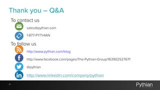 Thank you – Q&A 
To contact us 
31 
sales@pythian.com 
1-877-PYTHIAN 
To follow us 
http://www.pythian.com/blog 
http://www.facebook.com/pages/The-Pythian-Group/163902527671 
@pythian 
http://www.linkedin.com/company/pythian 
