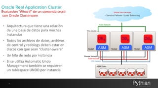 Oracle Real Application Cluster 
Evaluación "What-If" de un comando crsctl 
con Oracle Clusterware 
• Arquitectura 
que 
tiene 
una 
relación 
de 
una 
base 
de 
datos 
para 
muchas 
Instancias 
• Todos 
los 
archivos 
de 
datos, 
archivos 
de 
control 
y 
redologs 
deben 
estar 
en 
discos 
con 
que 
sean 
“cluster-­‐aware" 
• Un 
hilo 
de 
redo 
por 
instancia 
• Si 
se 
utiliza 
Automatic 
Undo 
Management 
también 
se 
requieren 
un 
tablespace 
UNDO 
por 
instancia 
7 
RAC Cluster 
DBB DBB DBB 
ASM ASM ASM 
Node2 Node3 
ASM Disks 
Node1 
Public Network 
Storage Network 
ASM Network 
CSS Network 
Global 
Data 
Services 
– Service Failover / Load Balancing 
 