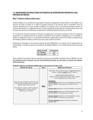 3.3. INDICADORES DE RESULTADOS EN PROCESO DE NTERVENCIÓN PREVENTIVA CON
ENFOQUE DE RIESGO.
Meta 7. Cobertura diabetes mellitus tipo 2
Diabetes Mellitus es un problema de salud pública relevante, incorporado al sistema GES en el año 2005 y cuya
atención de salud se realiza en un 90% en atención primaria. En los últimos años la mortalidad, tanto en
número absoluto como en tasa, presenta tendencia al aumento, ante lo cual resulta prioritario avanzar en
acciones que tiendan a un diagnóstico precoz y al buen manejo de los pacientes de acuerdo a protocolo, lo cual
retrasará la aparición de complicaciones mejorando la calidad de vida de la persona y su familia.
En una Atención Primaria centrada en la familia, se espera que su principal contribución esté en los aspectos
preventivos y el fortalecimiento de los factores protectores, pero cuando la patología ya se ha instalado, al
realizar un diagnóstico precoz y un adecuado tratamiento y seguimiento, disminuirá el daño y complicaciones
del individuo. Además colabora a evitar que surjan nuevos casos en la familia.
Conforme los resultados de la Encuesta nacional de salud 2009-2010 y en conjunto con la Subsecretaría de
Salud Pública se acordó las siguientes prevalencia de Diabetes Mellitus 2 en el adulto diferenciadas por grupo
etáreo.
Rango de Edad
15 – 64 años:
65 y más años

Prevalencia
10%
25%

Estos cambios de prevalencia reducen aquellas comunas que presentaban resultados sobre el 100% por lo cual,
de presentarse estas situaciones será de responsabilidad del gestor de red enviar un informe que explique
dichas situaciones.
Indicador: Cobertura de Diabetes Mellitus tipo 2 en personas de 15 años y más
Método de Cálculo
Meta
Medio de Verificación
REM P4 (Dic. 2013). Sección A. Celdas C17 MAS REM A05 (2014)
Sección G. Celda C69 MENOS Sección H. Celda C77
---------------------------------Población estimada según Prevalencia
(Población Inscrita Validada de 15-64 años x 10% + Población
Inscrita Validada de 65 y más años x 25%)
(Nº de personas con Diabetes bajo control de 15
y más años / Nº de Diabéticos de 15 y más años,
esperados según prevalencia)*100
(Este indicador considera un 10% de prevalencia
en población de 15 - 64 años y 25 % en
población de 65 y más años )

55%

NUMERADOR
1º Corte a Marzo: Población en Control de Diabéticos a Diciembre
2013, más ingresos, menos egresos acumulados de Enero a
Marzo.
2º Corte a Junio: Población en Control de Diabéticos a Junio 2014.
3º Corte a Agosto: Población en Control de Diabéticos a Junio
2014, más ingresos menos egresos Julio y Agosto..
4º Corte a Octubre: Población en Control de Diabéticos a Junio
2014, más ingresos, menos egresos Julio a Octubre.
5º Corte a Diciembre: Población en Control de Diabéticos a
Diciembre 2014.

9

 