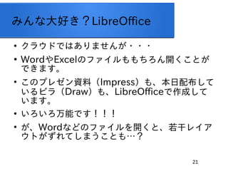 21
ߤʴäLibreOffice

饦ɤǤϤޤ???

WordExcelΥե_Ȥ
Ǥޤ

Υץ쥼YϣImpress⡢䲼
ӥ飨Draw⡢LibreOfficeɤ
ޤ

ܤǤ

WordʤɤΥե_ȡɥ쥤
ȤƤޤȤ⡭
 