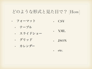 どのような形式と見た目で？ [How] 
フォーマット 
テーブル 
スライドショー 
グリッド 
カレンダー 
! 
! 
CSV 
XML 
JSON 
etc. 
 