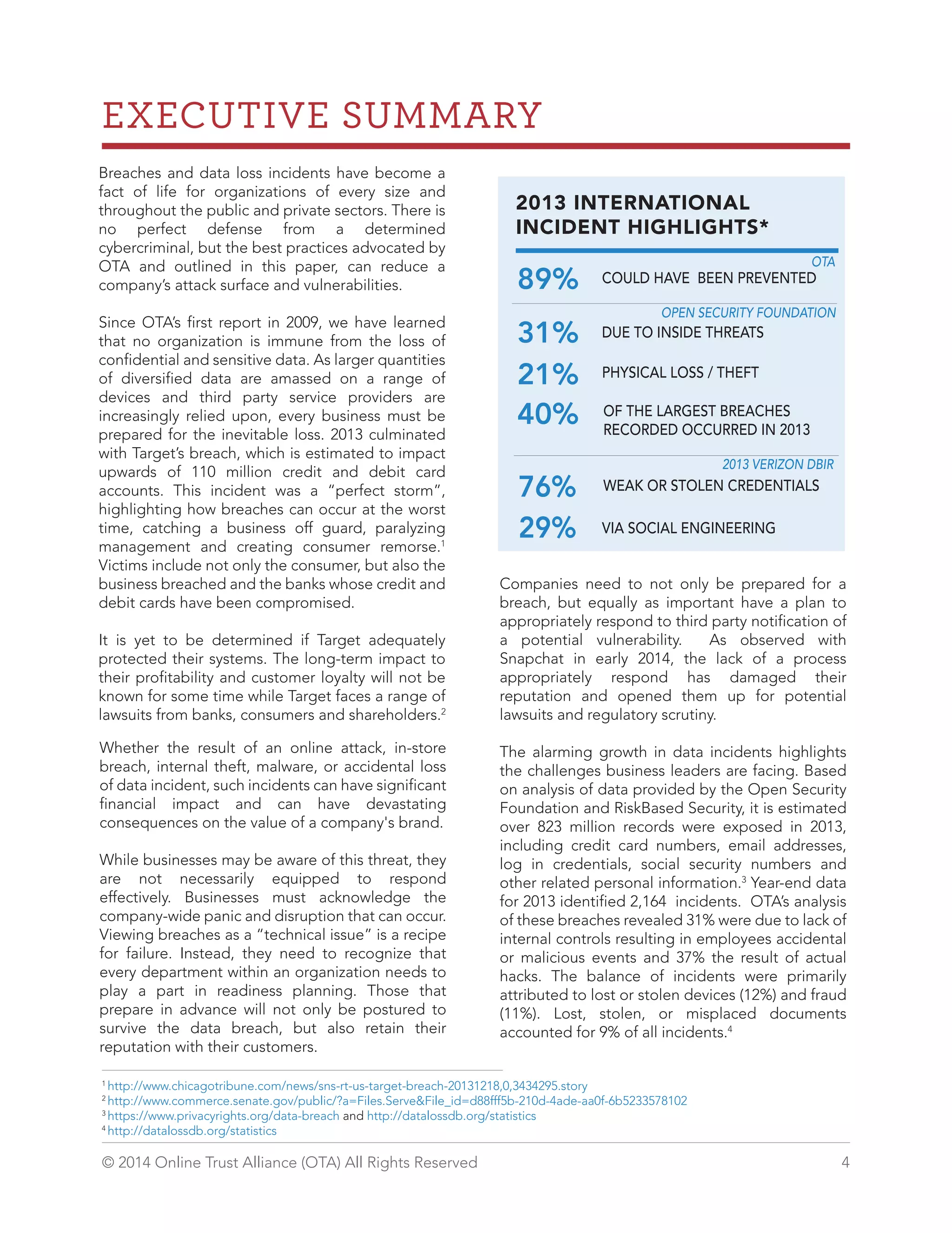 EXECUTIVE SUMMARY 
Breaches and data loss incidents have become a 
fact of life for organizations of every size and 
throughout the public and private sectors. There is 
no perfect defense from a determined 
cybercriminal, but the best practices advocated by 
OTA and outlined in this paper, can reduce a 
company’s attack surface and vulnerabilities. 
Since OTA’s first report in 2009, we have learned 
that no organization is immune from the loss of 
confidential and sensitive data. As larger quantities 
of diversified data are amassed on a range of 
devices and third party service providers are 
increasingly relied upon, every business must be 
prepared for the inevitable loss. 2013 culminated 
with Target’s breach, which is estimated to impact 
upwards of 110 million credit and debit card 
accounts. This incident was a “perfect storm”, 
highlighting how breaches can occur at the worst 
time, catching a business off guard, paralyzing 
management and creating consumer remorse.1 
Victims include not only the consumer, but also the 
business breached and the banks whose credit and 
debit cards have been compromised. 
It is yet to be determined if Target adequately 
protected their systems. The long-term impact to 
their profitability and customer loyalty will not be 
known for some time while Target faces a range of 
lawsuits from banks, consumers and shareholders.2 
Whether the result of an online attack, in-store 
breach, internal theft, malware, or accidental loss 
of data incident, such incidents can have significant 
financial impact and can have devastating 
consequences on the value of a company's brand. 
While businesses may be aware of this threat, they 
are not necessarily equipped to respond 
effectively. Businesses must acknowledge the 
company-wide panic and disruption that can occur. 
Viewing breaches as a “technical issue” is a recipe 
for failure. Instead, they need to recognize that 
every department within an organization needs to 
play a part in readiness planning. Those that 
prepare in advance will not only be postured to 
survive the data breach, but also retain their 
reputation with their customers. 
2013 INTERNATIONAL 
INCIDENT HIGHLIGHTS* 
89% COULD HAVE BEEN PREVENTED 
OTA 
OPEN SECURITY FOUNDATION 
31% DUE TO INSIDE THREATS 
21% PHYSICAL LOSS / THEFT 
40% OF THE LARGEST BREACHES 
RECORDED OCCURRED IN 2013 
2013 VERIZON DBIR 
76% WEAK OR STOLEN CREDENTIALS 
29% VIA SOCIAL ENGINEERING 
Companies need to not only be prepared for a 
breach, but equally as important have a plan to 
appropriately respond to third party notification of 
a potential vulnerability. As observed with 
Snapchat in early 2014, the lack of a process 
appropriately respond has damaged their 
reputation and opened them up for potential 
lawsuits and regulatory scrutiny. 
The alarming growth in data incidents highlights 
the challenges business leaders are facing. Based 
on analysis of data provided by the Open Security 
Foundation and RiskBased Security, it is estimated 
over 823 million records were exposed in 2013, 
including credit card numbers, email addresses, 
log in credentials, social security numbers and 
other related personal information.3 Year-end data 
for 2013 identified 2,164 incidents. OTA’s analysis 
of these breaches revealed 31% were due to lack of 
internal controls resulting in employees accidental 
or malicious events and 37% the result of actual 
hacks. The balance of incidents were primarily 
attributed to lost or stolen devices (12%) and fraud 
(11%). Lost, stolen, or misplaced documents 
accounted for 9% of all incidents.4 
1 http://www.chicagotribune.com/news/sns-rt-us-target-breach-20131218,0,3434295.story 
2 http://www.commerce.senate.gov/public/?a=Files.Serve&File_id=d88fff5b-210d-4ade-aa0f-6b5233578102 
3 https://www.privacyrights.org/data-breach and http://datalossdb.org/statistics 
4 http://datalossdb.org/statistics 
© 2014 Online Trust Alliance (OTA) All Rights Reserved 4 
 