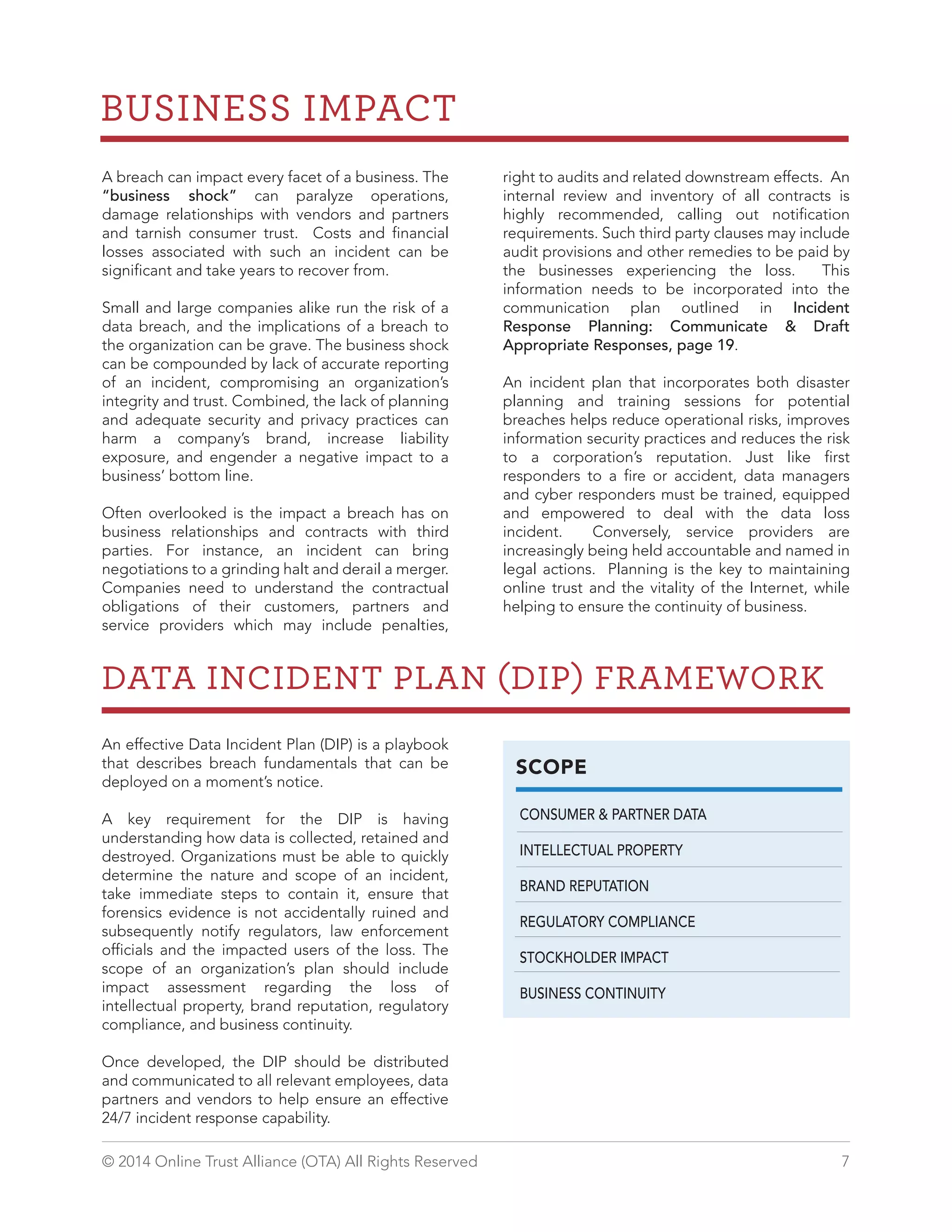 SCOPE 
CONSUMER & PARTNER DATA 
INTELLECTUAL PROPERTY 
BRAND REPUTATION 
REGULATORY COMPLIANCE 
STOCKHOLDER IMPACT 
BUSINESS CONTINUITY 
BUSINESS IMPACT 
A breach can impact every facet of a business. The 
“business shock” can paralyze operations, 
damage relationships with vendors and partners 
and tarnish consumer trust. Costs and financial 
losses associated with such an incident can be 
significant and take years to recover from. 
Small and large companies alike run the risk of a 
data breach, and the implications of a breach to 
the organization can be grave. The business shock 
can be compounded by lack of accurate reporting 
of an incident, compromising an organization’s 
integrity and trust. Combined, the lack of planning 
and adequate security and privacy practices can 
harm a company’s brand, increase liability 
exposure, and engender a negative impact to a 
business’ bottom line. 
Often overlooked is the impact a breach has on 
business relationships and contracts with third 
parties. For instance, an incident can bring 
negotiations to a grinding halt and derail a merger. 
Companies need to understand the contractual 
obligations of their customers, partners and 
service providers which may include penalties, 
right to audits and related downstream effects. An 
internal review and inventory of all contracts is 
highly recommended, calling out notification 
requirements. Such third party clauses may include 
audit provisions and other remedies to be paid by 
the businesses experiencing the loss. This 
information needs to be incorporated into the 
communication plan outlined in Incident 
Response Planning: Communicate & Draft 
Appropriate Responses, page 19. 
An incident plan that incorporates both disaster 
planning and training sessions for potential 
breaches helps reduce operational risks, improves 
information security practices and reduces the risk 
to a corporation’s reputation. Just like first 
responders to a fire or accident, data managers 
and cyber responders must be trained, equipped 
and empowered to deal with the data loss 
incident. Conversely, service providers are 
increasingly being held accountable and named in 
legal actions. Planning is the key to maintaining 
online trust and the vitality of the Internet, while 
helping to ensure the continuity of business. 
DATA INCIDENT PLAN DIP FRAMEWORK 
An effective Data Incident Plan (DIP) is a playbook 
that describes breach fundamentals that can be 
deployed on a moment’s notice. 
A key requirement for the DIP is having 
understanding how data is collected, retained and 
destroyed. Organizations must be able to quickly 
determine the nature and scope of an incident, 
take immediate steps to contain it, ensure that 
forensics evidence is not accidentally ruined and 
subsequently notify regulators, law enforcement 
officials and the impacted users of the loss. The 
scope of an organization’s plan should include 
impact assessment regarding the loss of 
intellectual property, brand reputation, regulatory 
compliance, and business continuity. 
Once developed, the DIP should be distributed 
and communicated to all relevant employees, data 
partners and vendors to help ensure an effective 
24/7 incident response capability. 
© 2014 Online Trust Alliance (OTA) All Rights Reserved 7 
 