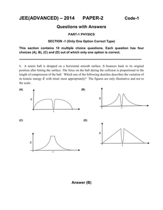JEE(ADVANCED) – 2014 PAPER-2 Code-1
Questions with Answers
PART-1 PHYSICS
SECTION -1 (Only One Option Correct Type)
This section contains 10 multiple choice questions. Each question has four
choices (A), B), (C) and (D) out of which only one option is correct.
-------------------------------------------------------------------------------------------------------------------
1. A tennis ball is dropped on a horizontal smooth surface. It bounces back to its original
position after hitting the surface. The force on the ball during the collision is proportional to the
length of compression of the ball. Which one of the following sketches describes the variation of
its kinetic energy 𝐾𝐾 with time𝑡𝑡 most appropriately? The figures are only illustrative and not to
the scale.
(A) (B)
(C) (D)
Answer (B)
t
K
K
t
t
K
t
K
 