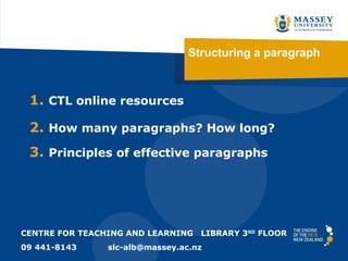 Structuring a paragraph

1. CTL online resources
2. How many paragraphs? How long?
3. Principles of effective paragraphs

CENTRE FOR TEACHING AND LEARNING
09 441-8143

LIBRARY 3RD FLOOR

slc-alb@massey.ac.nz

 