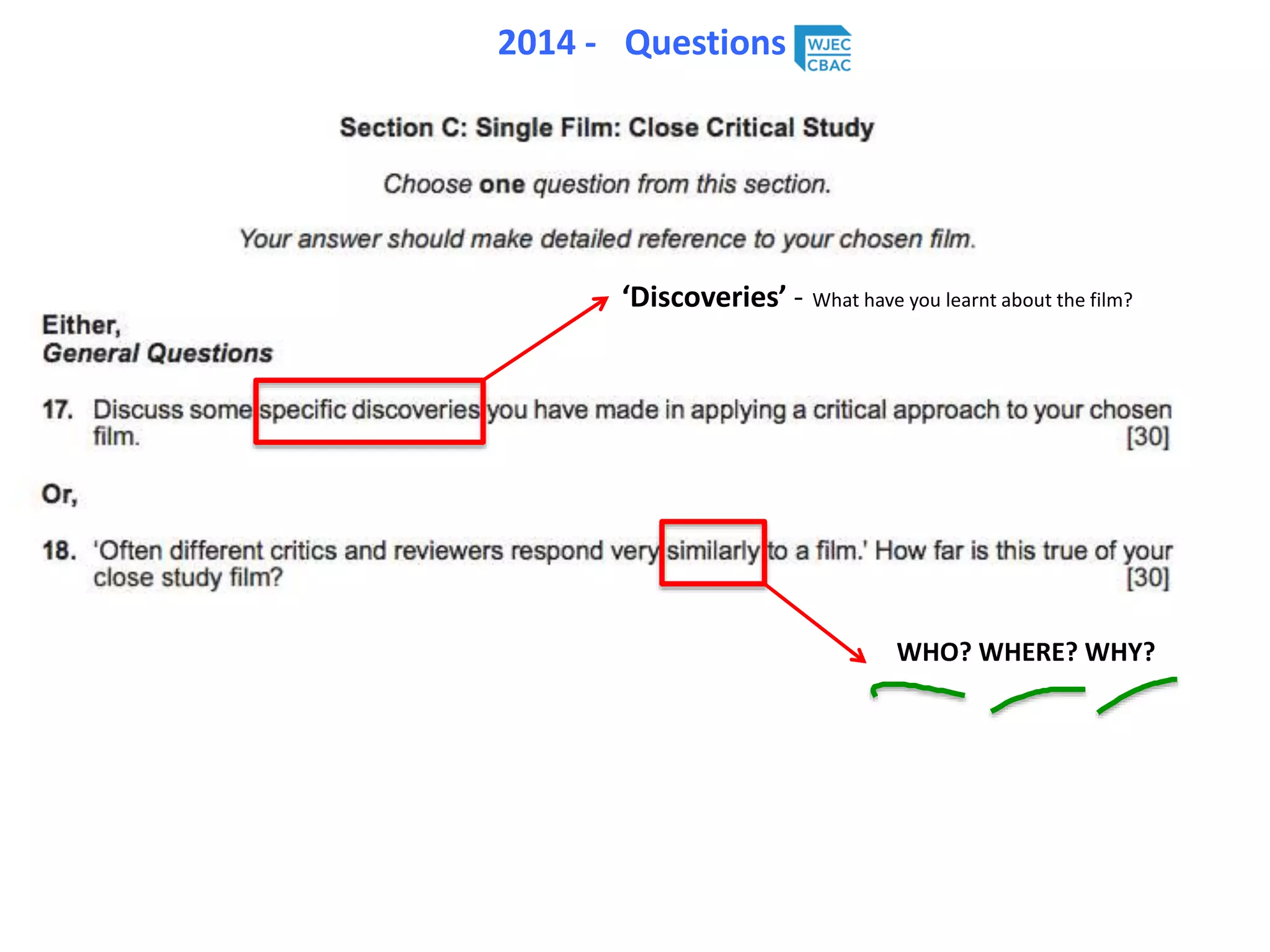 2014 - Questions
‘Discoveries’ - What have you learnt about the film?
WHO? WHERE? WHY?