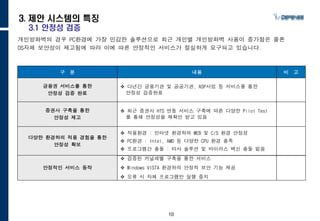 10
3. 제안 시스템의 특징
3.1 안정성 검증
개인방화벽의 경우 PC환경에 가장 민감한 솔루션으로 최근 개인별 개인방화벽 사용이 증가함은 물론 OS자체 보안성이
제고됨에 따라 이에 따른 안정적인 서비스가 절실하게 요구되고 있습니다.
 다년간 금융기관 및 공공기관, ASP사업 등 서비스를 통한
안정성 검증완료
금융권 서비스를 통한
안정성 검증 완료
비 고내용구 분
 적용환경 : 인터넷 환경하의 WEB 및 C/S 환경 안정성
 PC환경 : Intel, AMD 등 다양한 CPU 환경 충족
 프로그램간 충돌 : 타사 솔루션 및 바이러스 백신 충돌 없음
다양한 환경하의 적용 경험을 통한
안정성 확보
 검증된 커널레벨 구축을 통한 서비스
 Windows VISTA 환경하의 안정적 보안 기능 제공
 오류 시 자체 프로그램만 실행 중지
안정적인 서비스 동작
 최근 증권사 HTS 연동 서비스 구축에 따른 다양한 Pilot Test
를 통해 안정성을 재확인 받고 있음
증권사 구축을 통한
안정성 제고
 